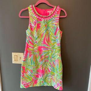 Lilly Pulitzer shift dress, size 4, pink, green & blue with pompom detail @neck